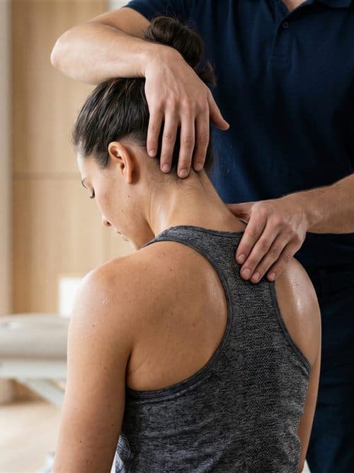 Fisioterapeuta atendiendo a una paciente en Clínica A Xunqueira, Cee