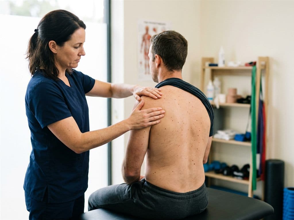 Fisioterapeuta valorando a un paciente en Clínica A Xunqueira, Cee